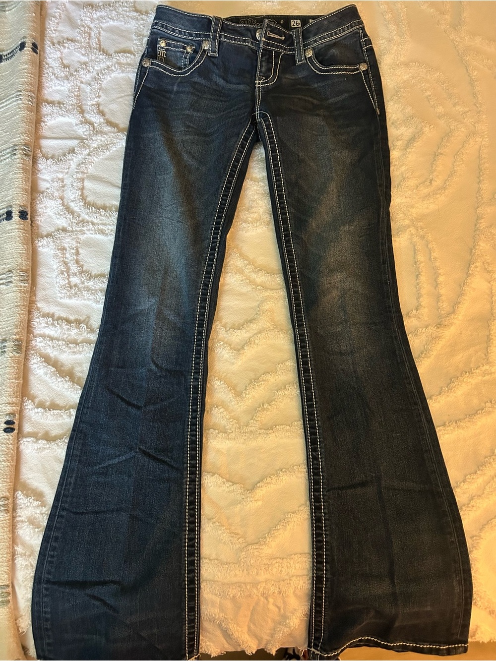 Miss Me Dark Blue Flare Jeans with Contrast Stitching